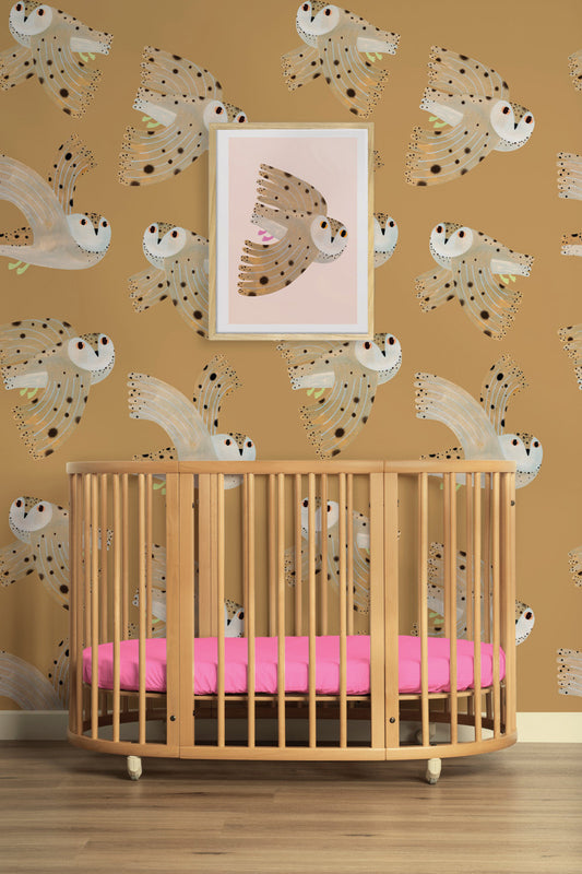 Behang Owl - Dusty Yellow - Luz and Moon