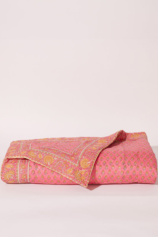 Blockprint gevulde deken - Pink